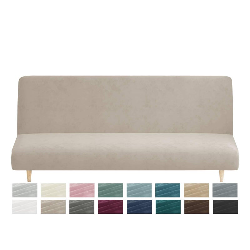 MAXIJIN Velvet Futon Cover Full Size Stretch Futon Mattress Cover Thick Soft Armless Sofa Bed Slipcover Plush Couch Furniture Protector with Elastic Bottom, Machine Washable (Khaki) - Image 1